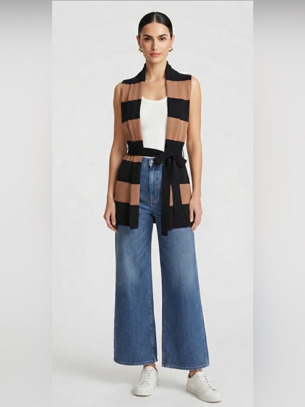 NWT Tahari Black & Tan Striped Sleeveless Sweater Vest with Belt – Size M